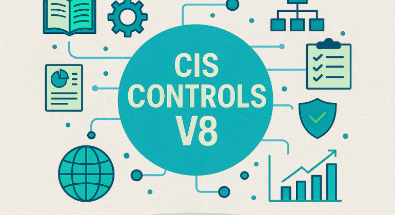 تصویر مفهومی از امنیت سایبری و کنترل‌های امنیتی CIS با عناصر تکنولوژی و شبکه